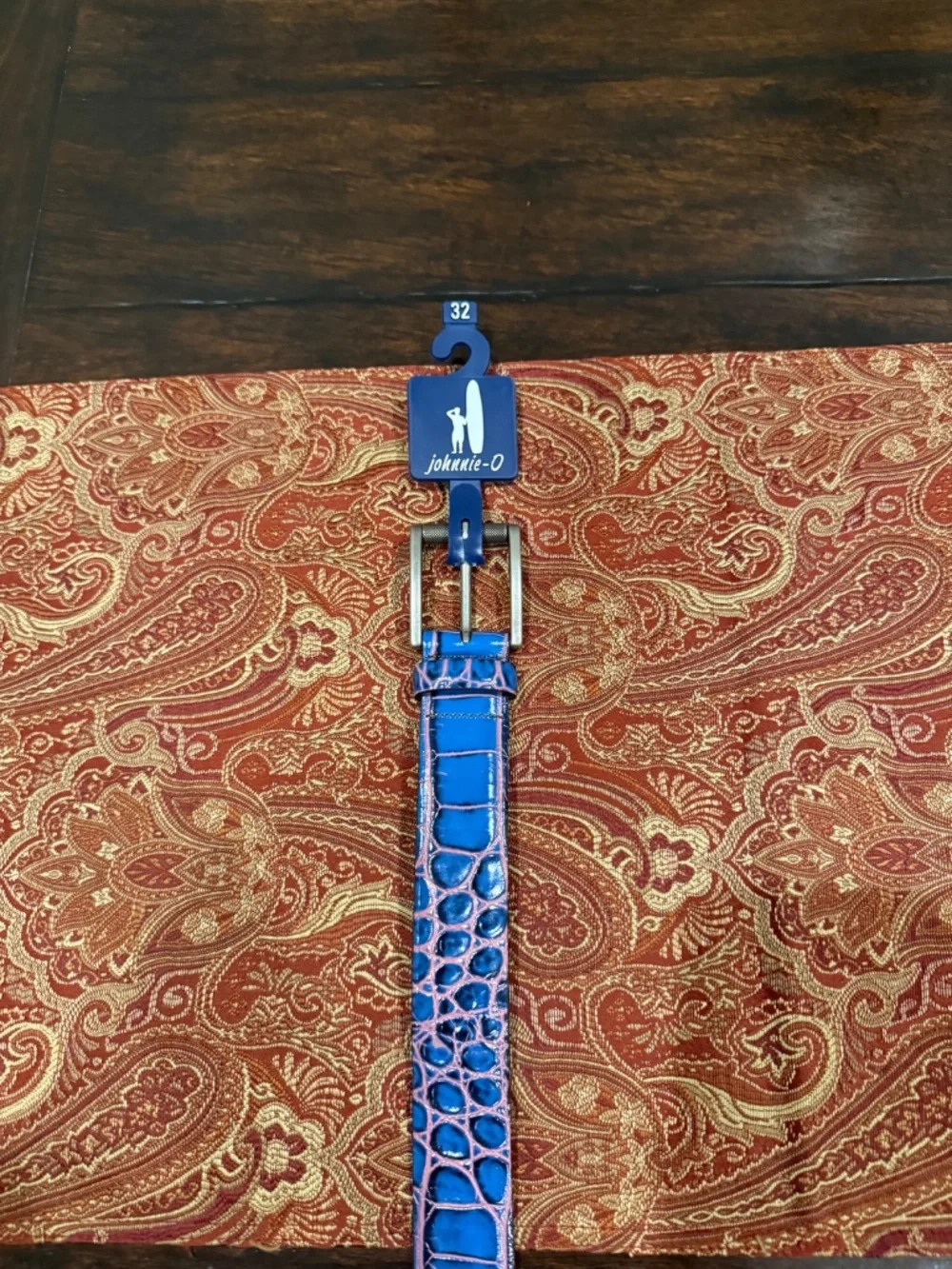 Johnnie-O Men's Size 32 Red/Navy Crocco Leather Belt MSRP $128